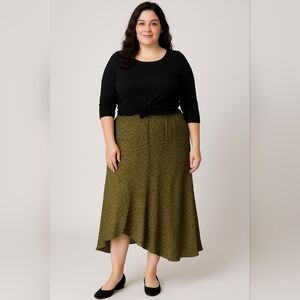 ZARA Olive Green Leopard Print Asymmetrical Midi Skirt Size S